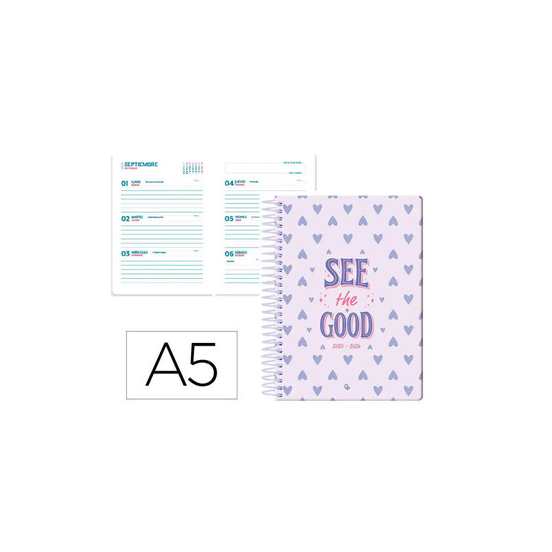 AGENDA ESCOLAR LIDERPAPEL 25-26 ESPIRAL PETITE CORAZONES SEMANA VISTA A5 BILINGE PAPEL FSC 80 GR