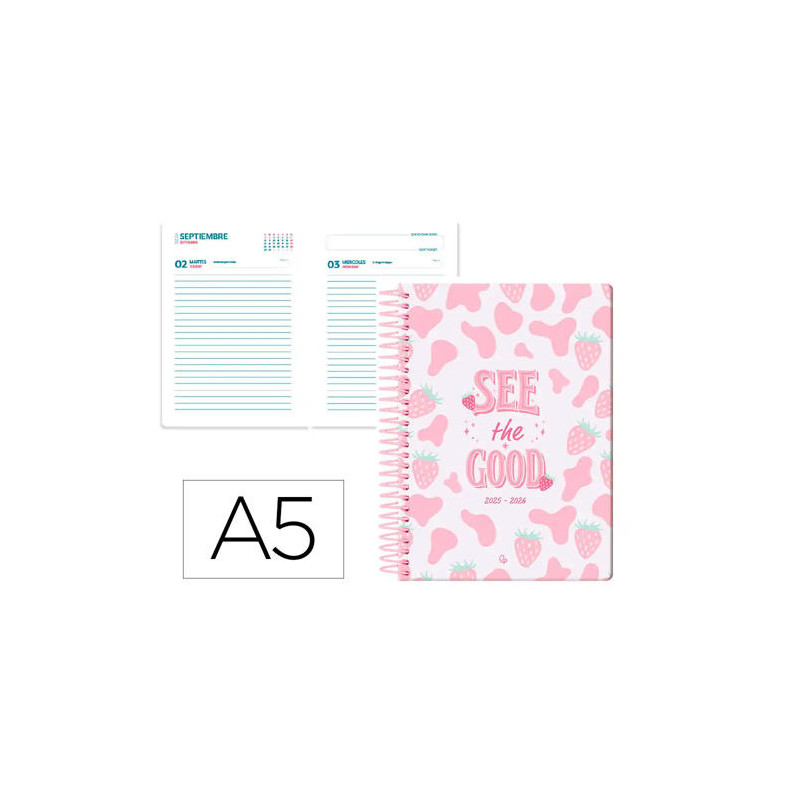 AGENDA ESCOLAR LIDERPAPEL 25-26 ESPIRAL PETITE FRESAS DIA PAGINA A5 BILINGE PAPEL FSC 80 GR
