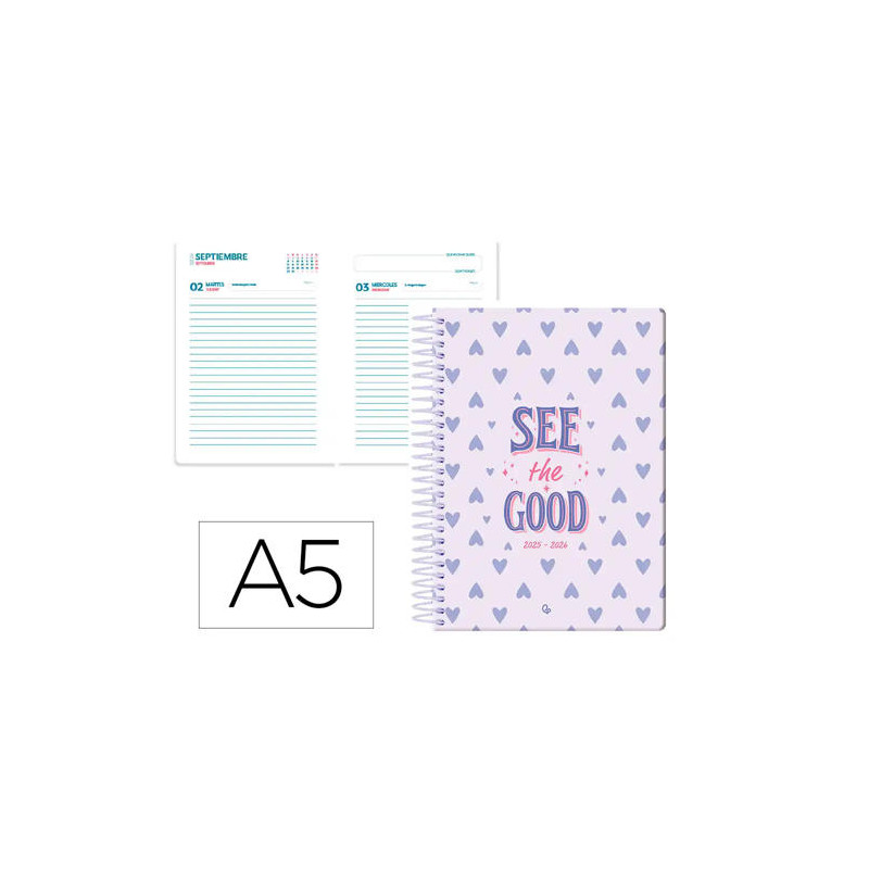 AGENDA ESCOLAR LIDERPAPEL 25-26 ESPIRAL PETITE CORAZONES DIA PAGINA A5 BILINGE PAPEL FSC 80 GR