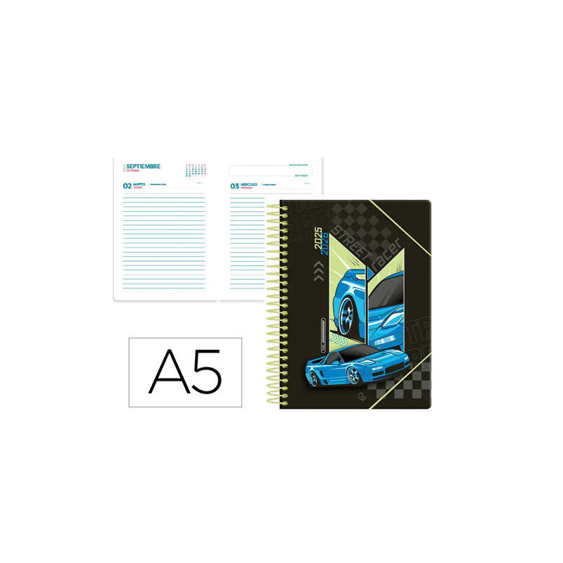 AGENDA ESCOLAR LIDERPAPEL 25-26 ESPIRAL CARS AZUL DIA PAGINA A5 BILINGE PAPEL FSC 80 GR