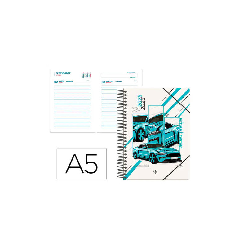 AGENDA ESCOLAR LIDERPAPEL 25-26 ESPIRAL CARS TURQUESA DIA PAGINA A5 BILINGE PAPEL FSC 80 GR