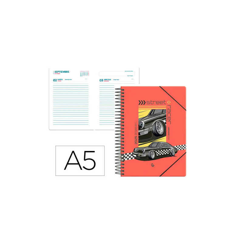 AGENDA ESCOLAR LIDERPAPEL 25-26 ESPIRAL CARS NEGRO DIA PAGINA A5 BILINGE PAPEL FSC 80 GR