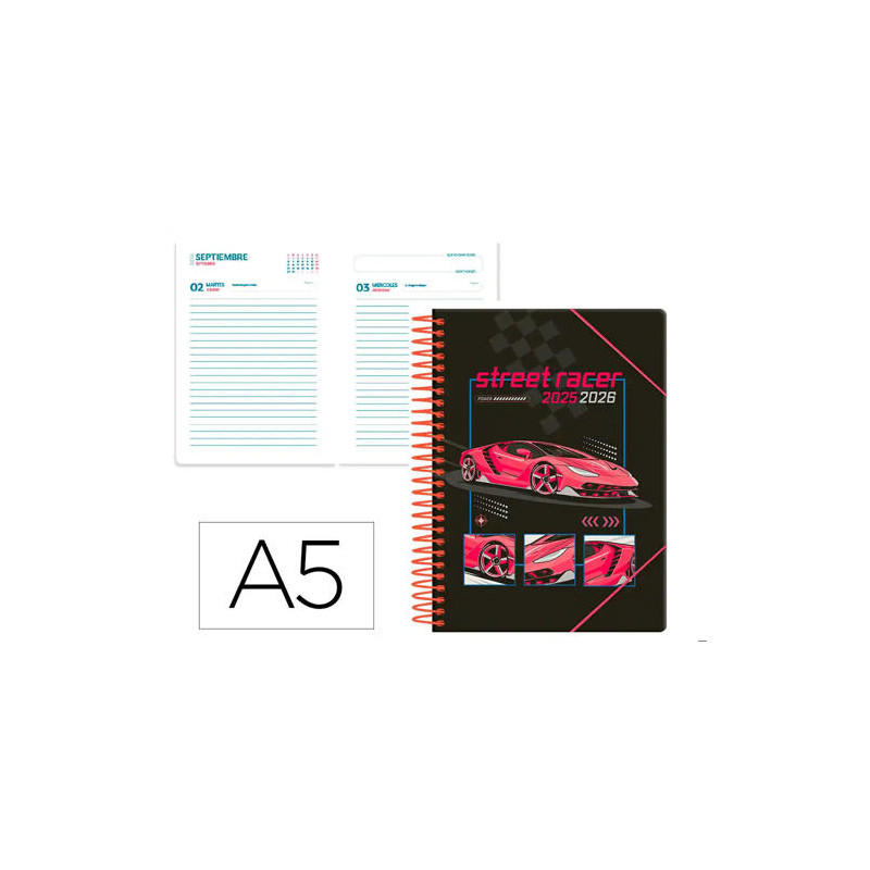 AGENDA ESCOLAR LIDERPAPEL 25-26 ESPIRAL CARS ROJO DIA PAGINA A5 BILINGE PAPEL FSC 80 GR