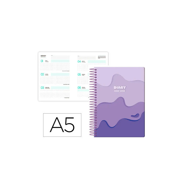 AGENDA ESCOLAR LIDERPAPEL 25-26 ESPIRAL MELTING MORADO SEMANA VISTA A5 BILINGE PAPELFSC 80 GR