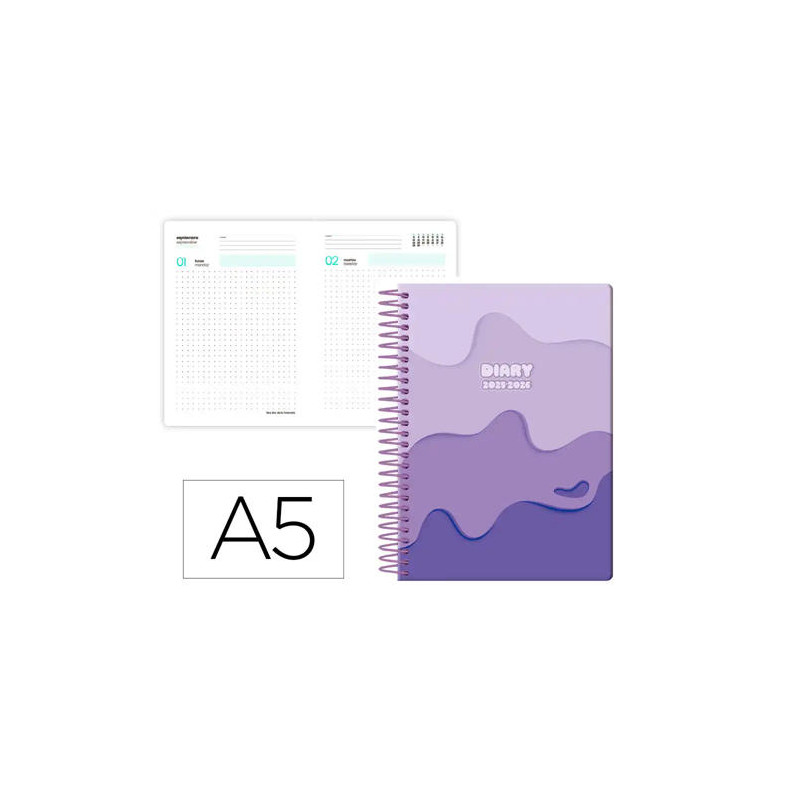 AGENDA ESCOLAR LIDERPAPEL 25-26 ESPIRAL MELTING MORADO DIA PAGINA A5 BILINGE PAPEL FSC 80 GR