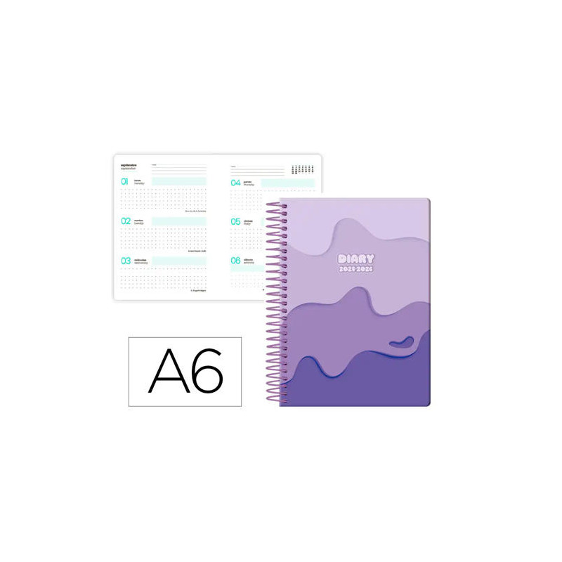 AGENDA ESCOLAR LIDERPAPEL 25-26 ESPIRAL MELTING MORADO SEMANA VISTA A6 BILINGE PAPELFSC 80 GR