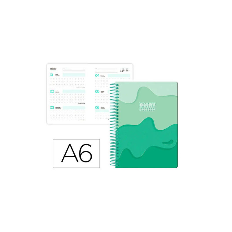 AGENDA ESCOLAR LIDERPAPEL 25-26 ESPIRAL MELTING VERDE SEMANA VISTA A6 BILINGE PAPELFSC 80 GR