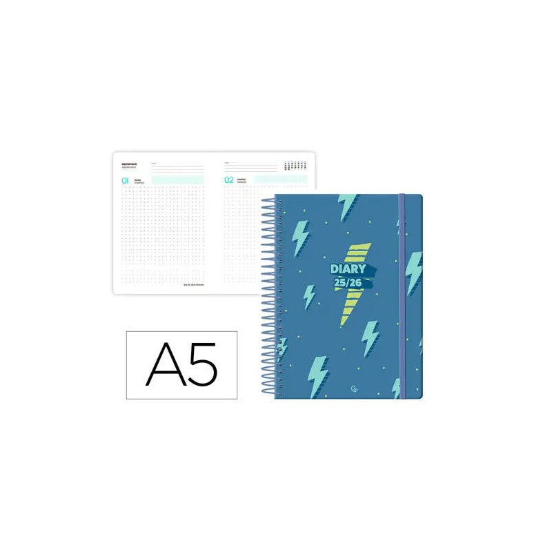 AGENDA ESCOLAR LIDERPAPEL 25-26 ESPIRAL PATTERNS RAYOS AZUL DIA PAGINA A5 BILINGE PAPEL FSC