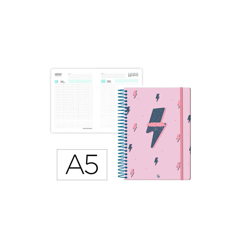 AGENDA ESCOLAR LIDERPAPEL 25-26 ESPIRAL PATTERNS RAYOS ROSA DIA PAGINA A5 BILINGE PAPEL FSC 80 GR