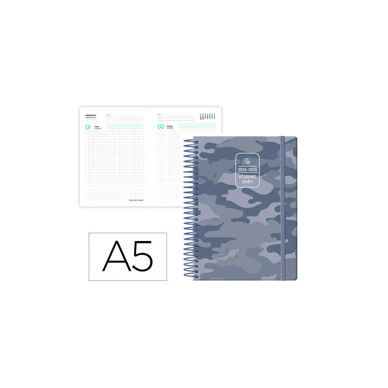 AGENDA ESCOLAR LIDERPAPEL 25-26 ESPIRAL PATTERNS MILITAR GRIS DIA PAGINA A5 BILINGE PAPEL FSC 80 GR