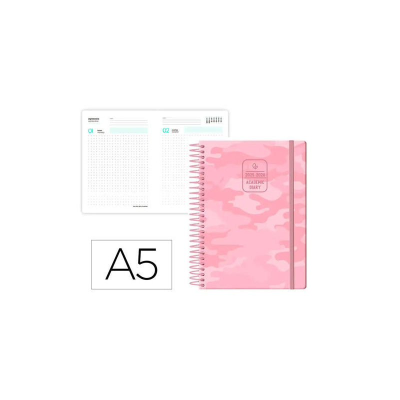AGENDA ESCOLAR LIDERPAPEL 25-26 ESPIRAL PATTERNS MILITAR ROSA DIA PAGINA A5 BILINGE PAPEL FSC 80 GR