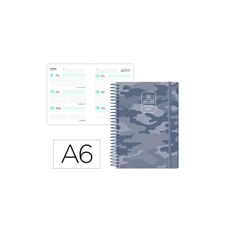 AGENDA ESCOLAR LIDERPAPEL 25-26 ESPIRAL PATTERNS MILITARGRIS SEMANA VISTA A6 BILINGE PAPEL FSC 80 G