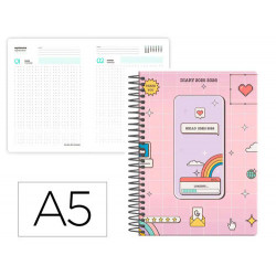 AGENDA ESCOLAR LIDERPAPEL 25-26 ESPIRAL PIXEL ROSA DIA PAGINA A5 BILINGE PAPEL FSC 80 GR
