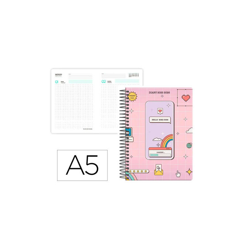 AGENDA ESCOLAR LIDERPAPEL 25-26 ESPIRAL PIXEL ROSA DIA PAGINA A5 BILINGE PAPEL FSC 80 GR
