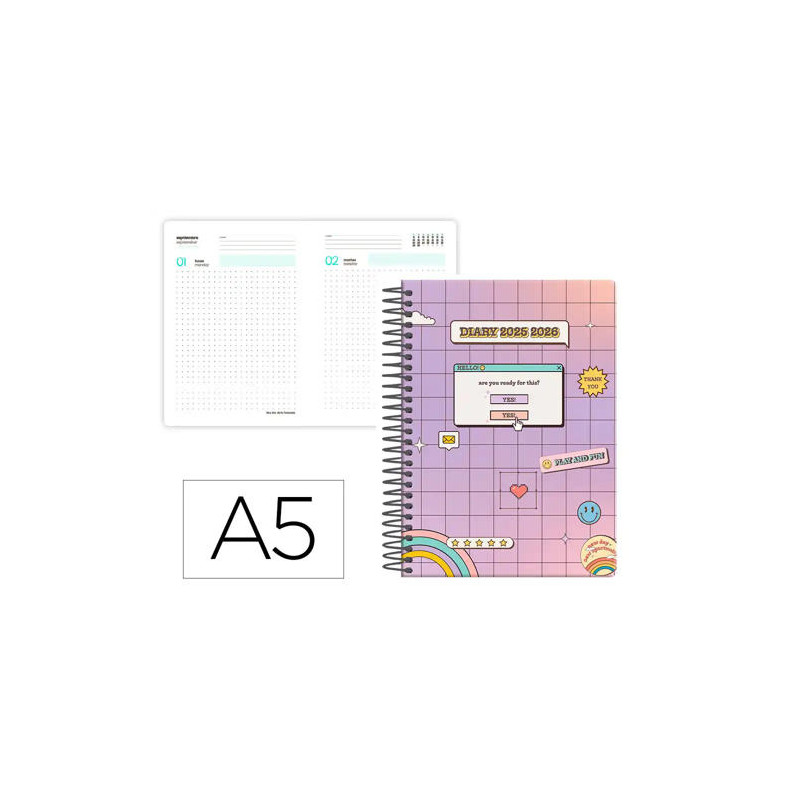 AGENDA ESCOLAR LIDERPAPEL 25-26 ESPIRAL PIXEL MORADO DIA PAGINA A5 BILINGE PAPEL FSC 80 GR