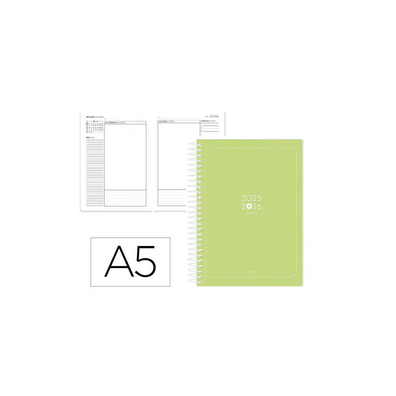 AGENDA ESCOLAR ANTARTIK 25-26 ESPIRAL ESSENTIALS VERDE LIMA DIA PAGINA A5 BILINGE PAPEL FSC 80 GR