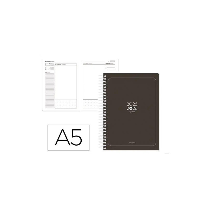 AGENDA ESCOLAR ANTARTIK 25-26 ESPIRAL ESSENTIALS NEGRO DIA PAGINA A5 BILINGE PAPEL FSC 80 GR