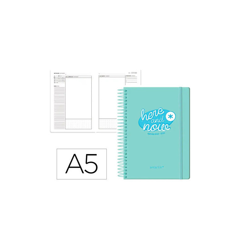 AGENDA ESCOLAR ANTARTIK 25-26 ESPIRAL HERE AND NOW TURQUESA DIA PAGINA A5 BILINGE PAPEL FSC 80 GR 8