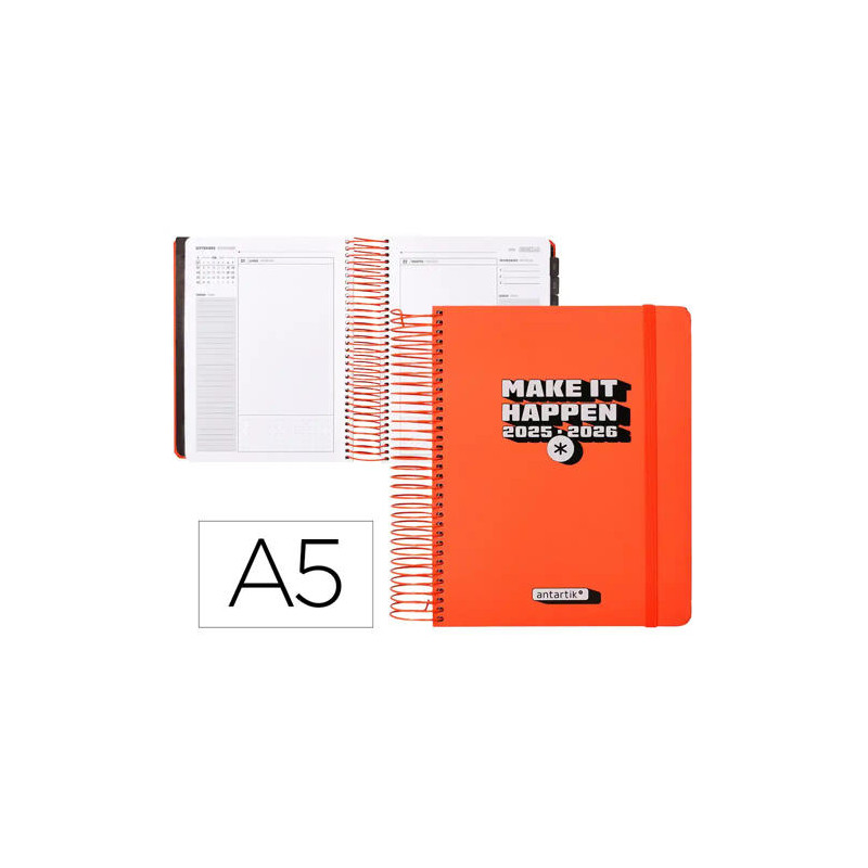 AGENDA ESCOLAR ANTARTIK 25-26 ESPIRAL NEON ROSA DIA PAGINA A5 BILINGE PAPEL FSC 80 GR