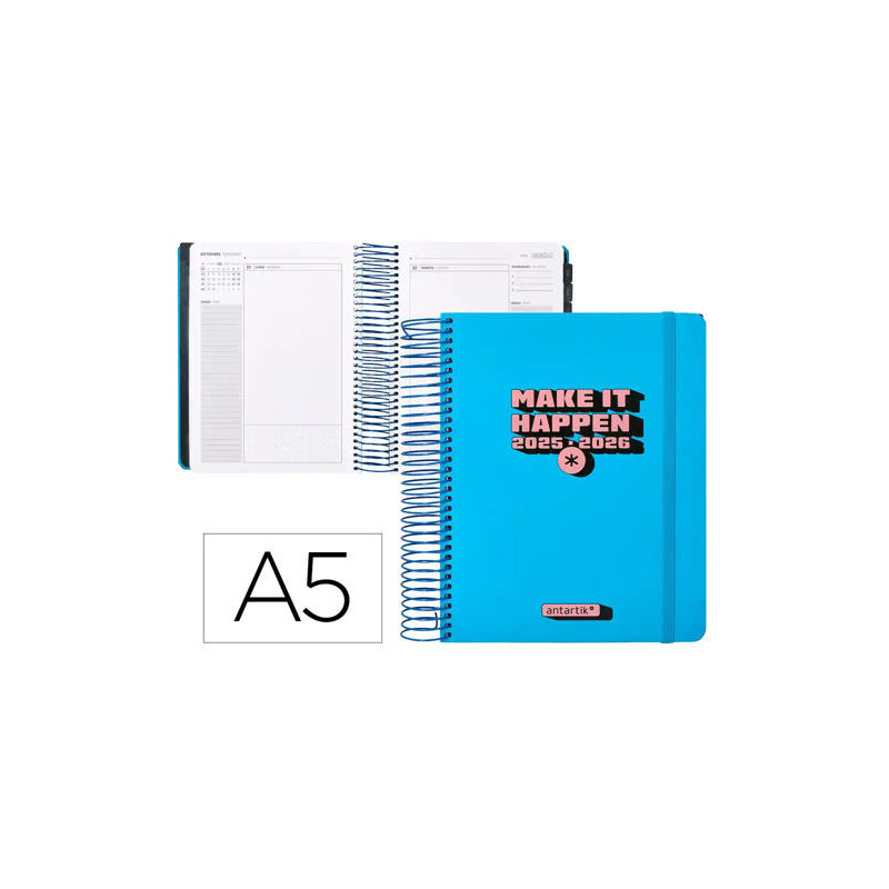 AGENDA ESCOLAR ANTARTIK 25-26 ESPIRAL NEON AZUL DIA PAGINA A5 BILINGE PAPEL FSC 80 GR