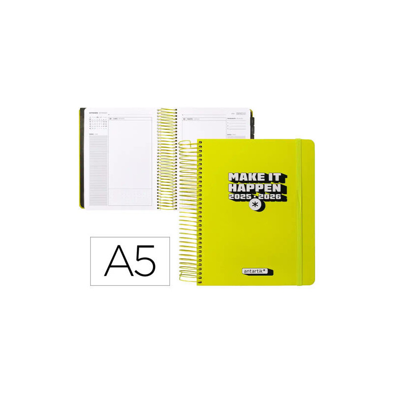 AGENDA ESCOLAR ANTARTIK 25-26 ESPIRAL NEON AMARILLO DIA PAGINA A5 BILINGE PAPEL FSC 80 GR
