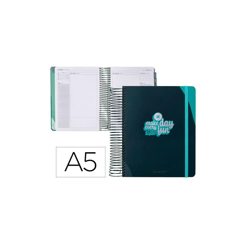 AGENDA ESCOLAR ANTARTIK 25-26 ESPIRAL FUN DAY AZUL OSCURO DIA PAGINA A5 BILINGE PAPEL FSC 80 GR