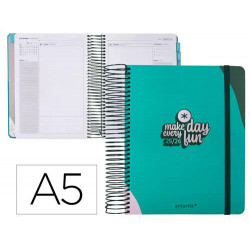 AGENDA ESCOLAR ANTARTIK 25-26 ESPIRAL FUN DAY TURQUESA DIA PAGINA A5 BILINGE PAPEL FSC 80 GR