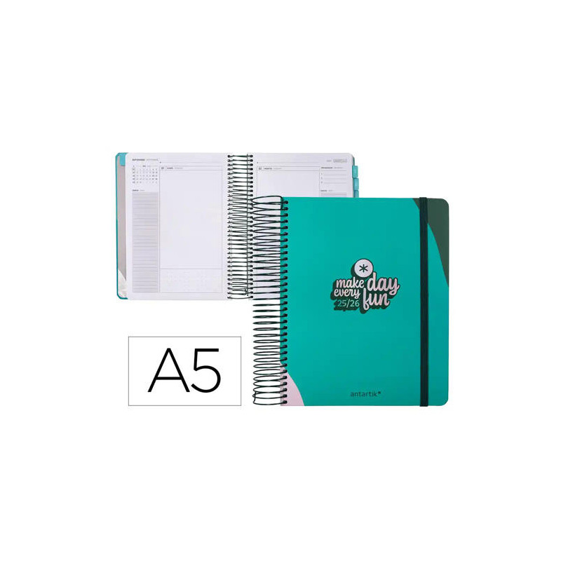 AGENDA ESCOLAR ANTARTIK 25-26 ESPIRAL FUN DAY TURQUESA DIA PAGINA A5 BILINGE PAPEL FSC 80 GR
