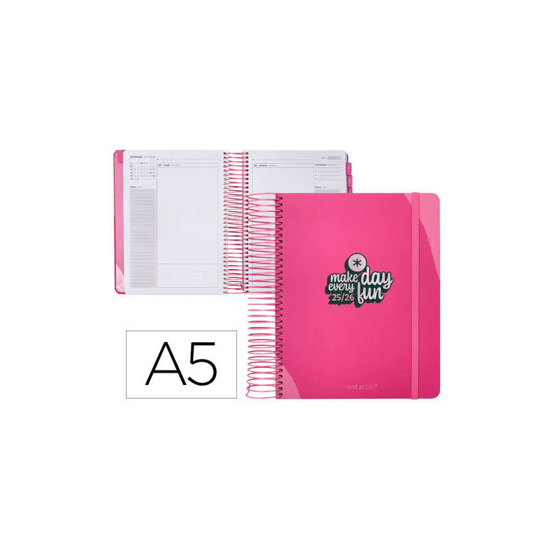AGENDA ESCOLAR ANTARTIK 25-26 ESPIRAL FUN DAY FUCSIA DIA PAGINA A5 BILINGE PAPEL FSC 80 GR