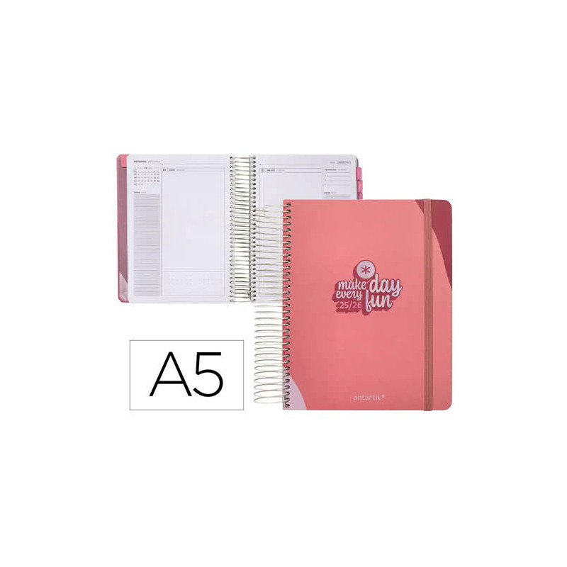 AGENDA ESCOLAR ANTARTIK 25-26 ESPIRAL FUN DAY ROSA DIA PAGINA A5 BILINGE PAPEL FSC 80 GR