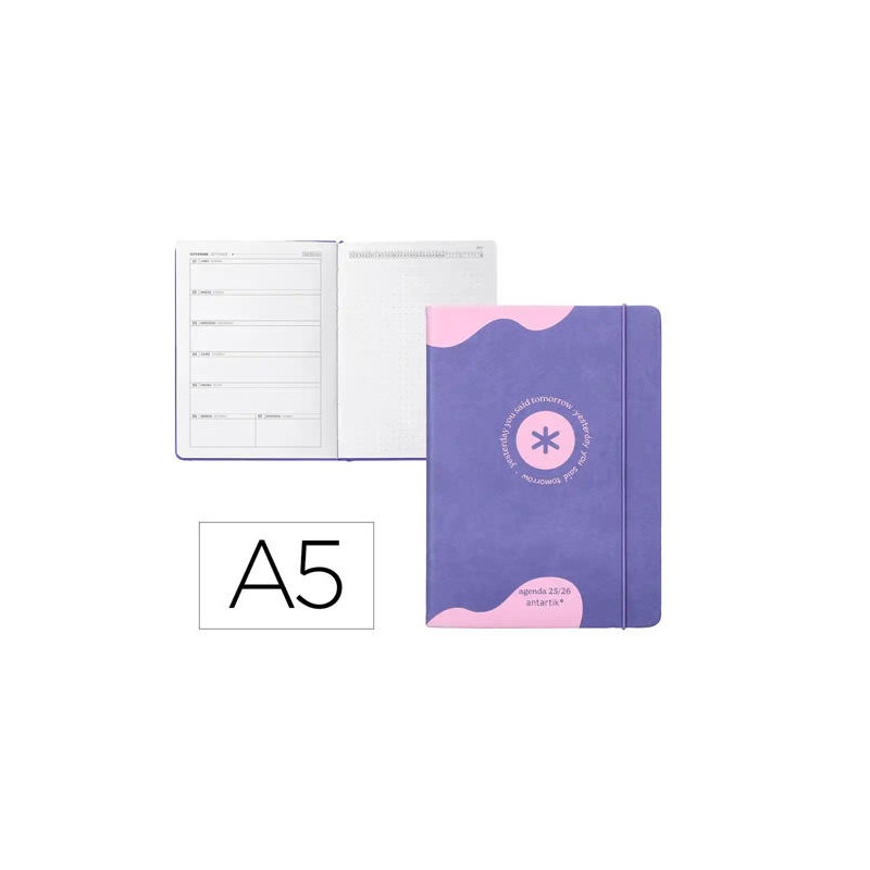 AGENDA ESCOLAR ANTARTIK 25-26 ENCUADERNADA GO! SIMIL PIEL MORADO SEMANA VISTA A5 BILINGE PAPEL FSC 