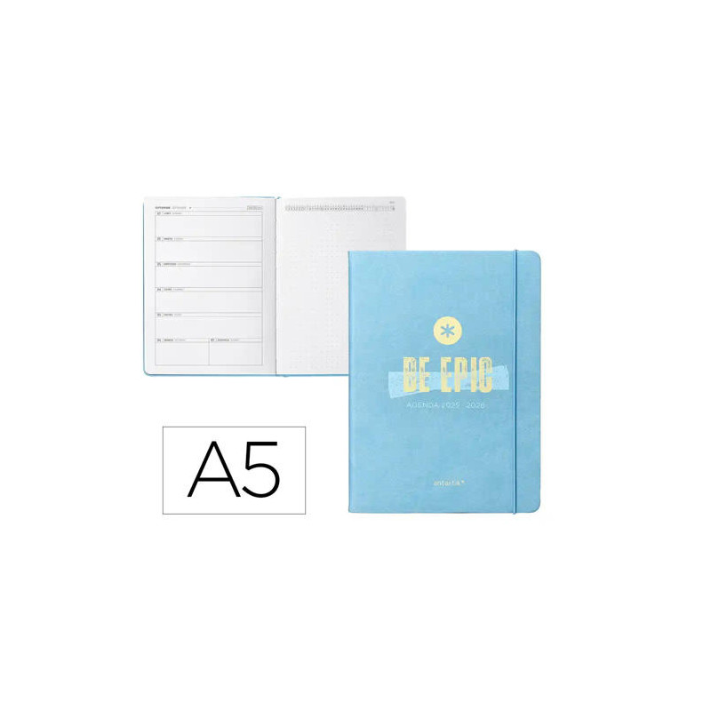 AGENDA ESCOLAR ANTARTIK 25-26 ENCUADERNADA GO! SIMIL PIEL AZUL SEMANA VISTA A5 BILINGE PAPEL FSC 80
