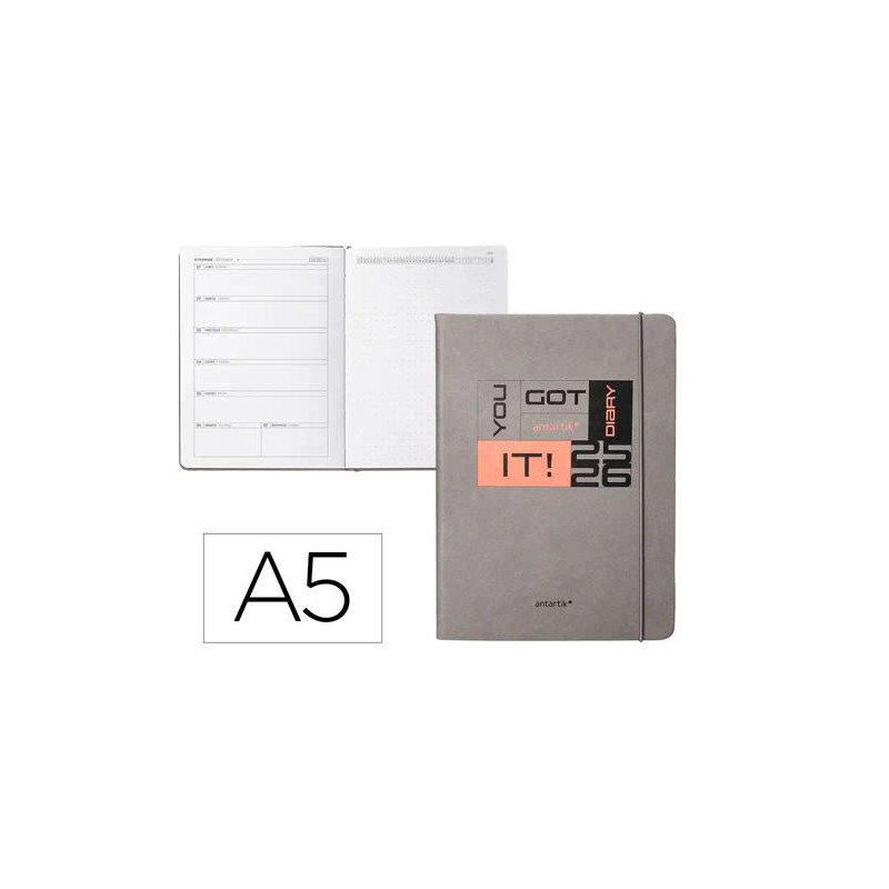 AGENDA ESCOLAR ANTARTIK 25-26 ENCUADERNADA GO! SIMIL PIEL GRIS SEMANA VISTA A5 BILINGE PAPEL FSC 80