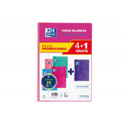 CUADERNO ESPIRAL OXFORD TAPA BLANDA FOLIO 80 HOJAS 90GR CUADRO 4 MM COLORES TENDENCIAS PACK DE 4+1