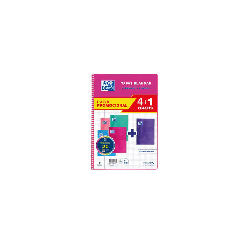 CUADERNO ESPIRAL OXFORD TAPA BLANDA FOLIO 80 HOJAS 90GR CUADRO 4 MM COLORES TENDENCIAS PACK DE 4+1