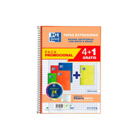 CUADERNO ESPIRAL OXFORD TAPA EXTRADURA FOLIO 80 HOJAS 90 GR CUADRO 4 MM COLORES VIVOS PACK DE 4+1 UN CUADERNO ESPIRAL OXFORD TAPA EXTRADURA FOLIO 80 HOJAS 90 GR CUADRO 4 MM COLORES VIVOS PACK DE 4+1 UN
