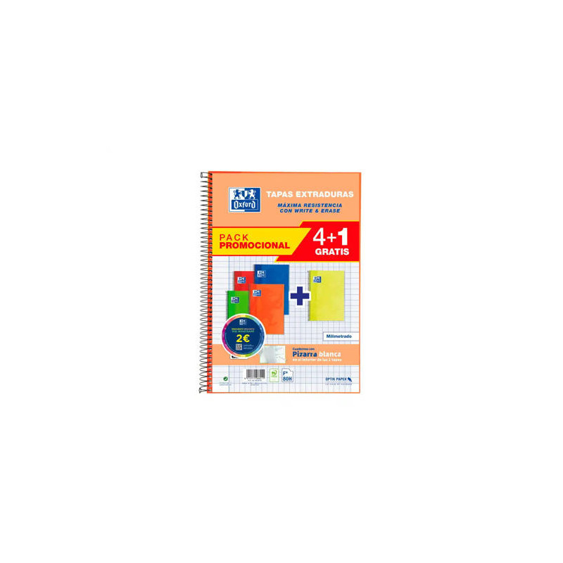 CUADERNO ESPIRAL OXFORD TAPA EXTRADURA FOLIO 80 HOJAS 90 GR CUADRO 4 MM COLORES VIVOS PACK DE 4+1 UN