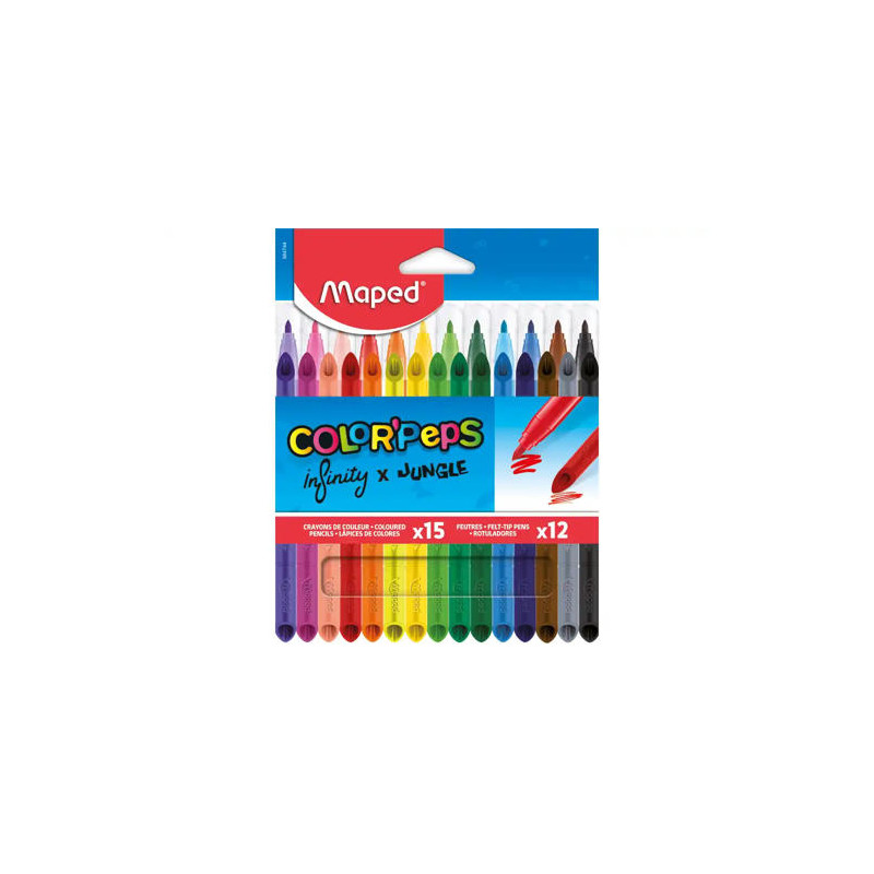SET ROTULADORES MAPED COLOR PEPJUNGLE 12 COLORES + 15 LAPICES DE COLORES INFINITY SURTIDOS