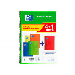 BLOC ESPIRAL OXFORD TAPA BLANDA FOLIO 80 HOJAS 90GR CUADRO 4 MM COLORES VIVOS PACK DE 4+1