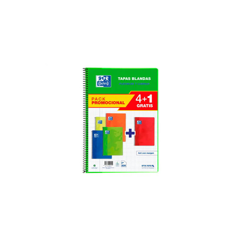 BLOC ESPIRAL OXFORD TAPA BLANDA FOLIO 80 HOJAS 90GR CUADRO 4 MM COLORES VIVOS PACK DE 4+1