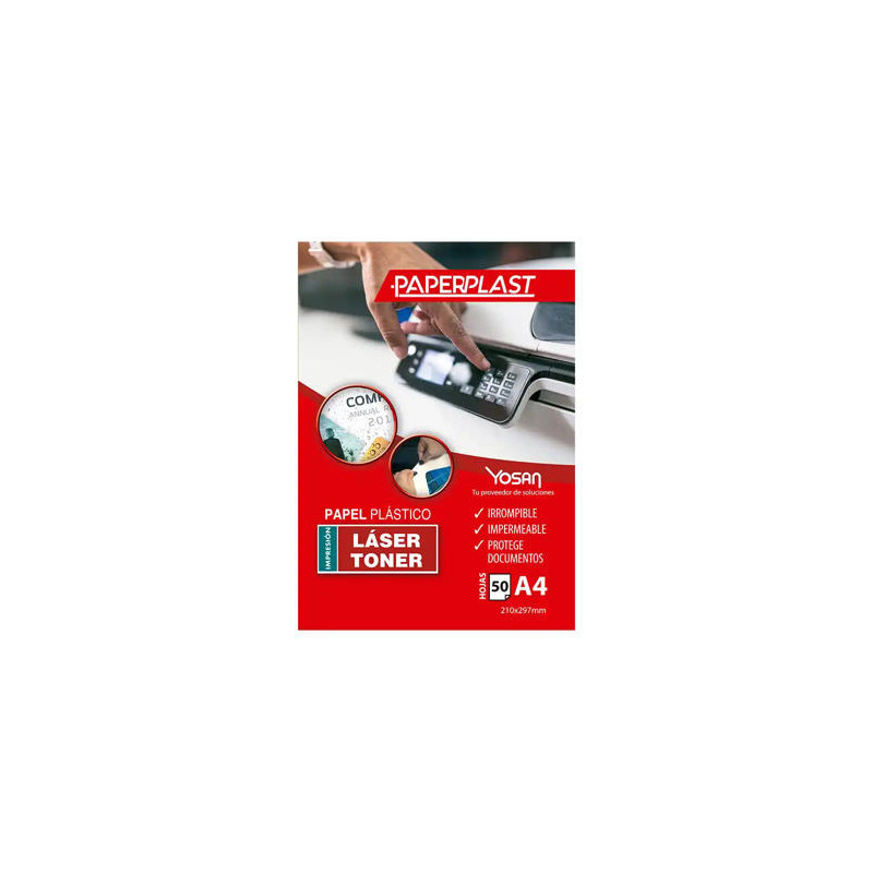 PAPEL PLASTICO YOSAN PAPERPLAST POLIESTER BLANCO BRILLO DIN A4 120 MC IMPRIMIBLE PAQUETE DE 50 HOJAS