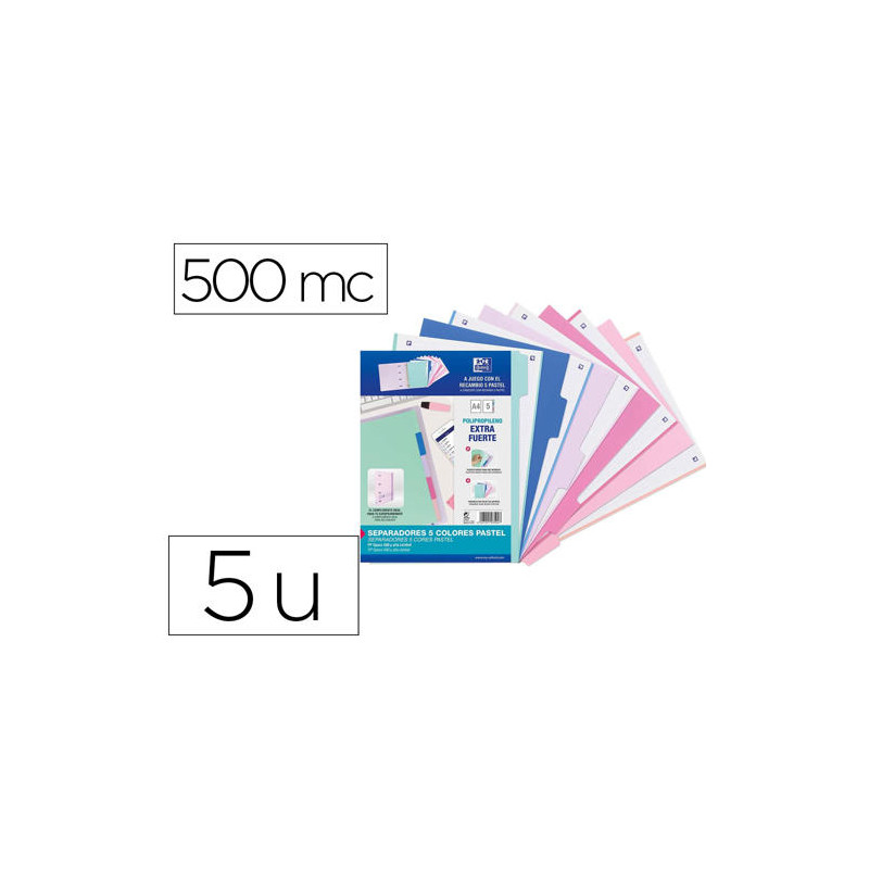 SEPARADORES DE PLASTICO OXFORD POLIPROPILENO 500 MC COLORES PASTEL JUEGO DE 5 SEPARADORES