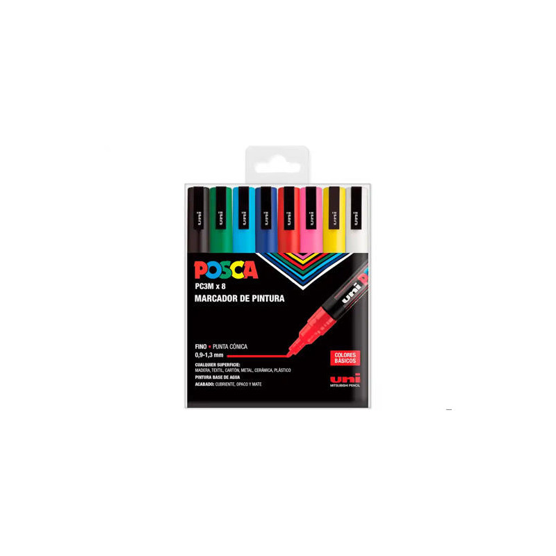 ROTULADOR UNI POSCA PC-3M MARCADOR DE PINTURA PUNTA CONICA 0,9-1,3 MM ESTUCHE DE 8 UNIDADES COLORES 