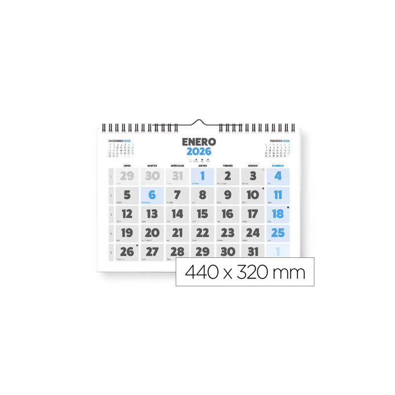 CALENDARIO ESPIRAL PARED LIDERPAPEL CLASICO 2026 NUMEROS GRANDES 44X32 CM PAPEL 128 GR