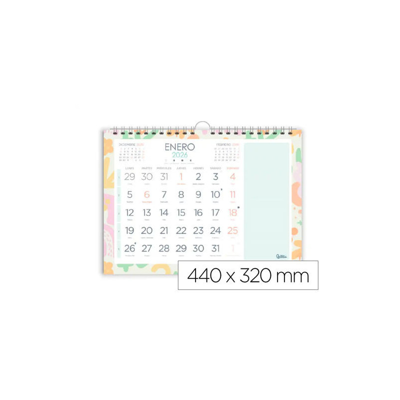 CALENDARIO ESPIRAL PARED LIDERPAPEL JOVEN 2026 NUMEROS GRANDES 44X32 CM PAPEL 128 GR CON PEGATINAS