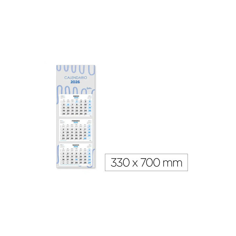 CALENDARIO PARED LIDERPAPEL 3 MESES VISTAS 2026 PLEGABLE 33X70 CM PAPEL 90 GR