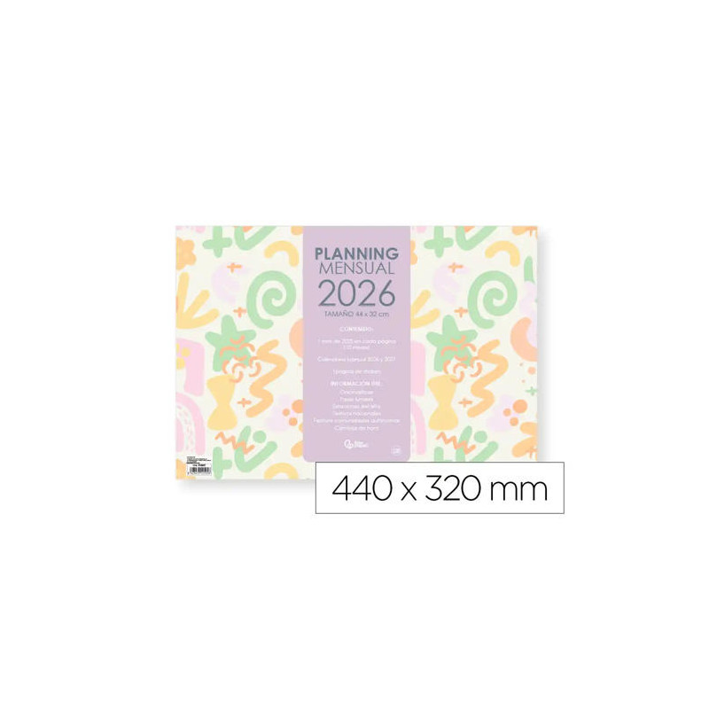 PLANNING MENSUAL LIDERPAPEL JOVEN 2026 44X32 CM CON PEGATINAS LOMO ENGOMADO PAPEL 128 GR