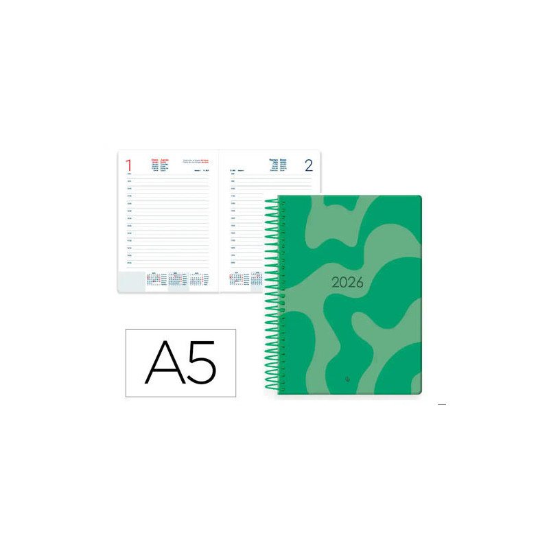 AGENDA ESPIRAL LIDERPAPEL SYROS 150X210 MM 2026 DIA PAGINA DESIGN 3 (VERDE) PAPEL 60 GR