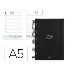 AGENDA ESPIRAL LIDERPAPEL OLBIA A5 2026 DIA PAGINA DESIGN 2 (NEGRO) PAPEL 60 GR