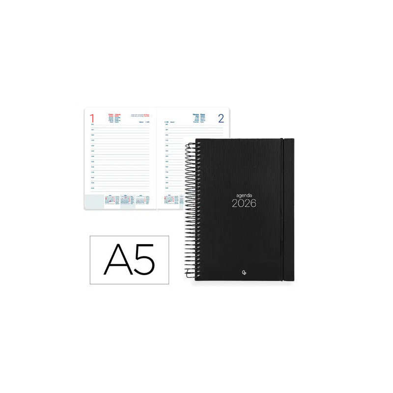 AGENDA ESPIRAL LIDERPAPEL OLBIA A5 2026 DIA PAGINA DESIGN 2 (NEGRO) PAPEL 60 GR